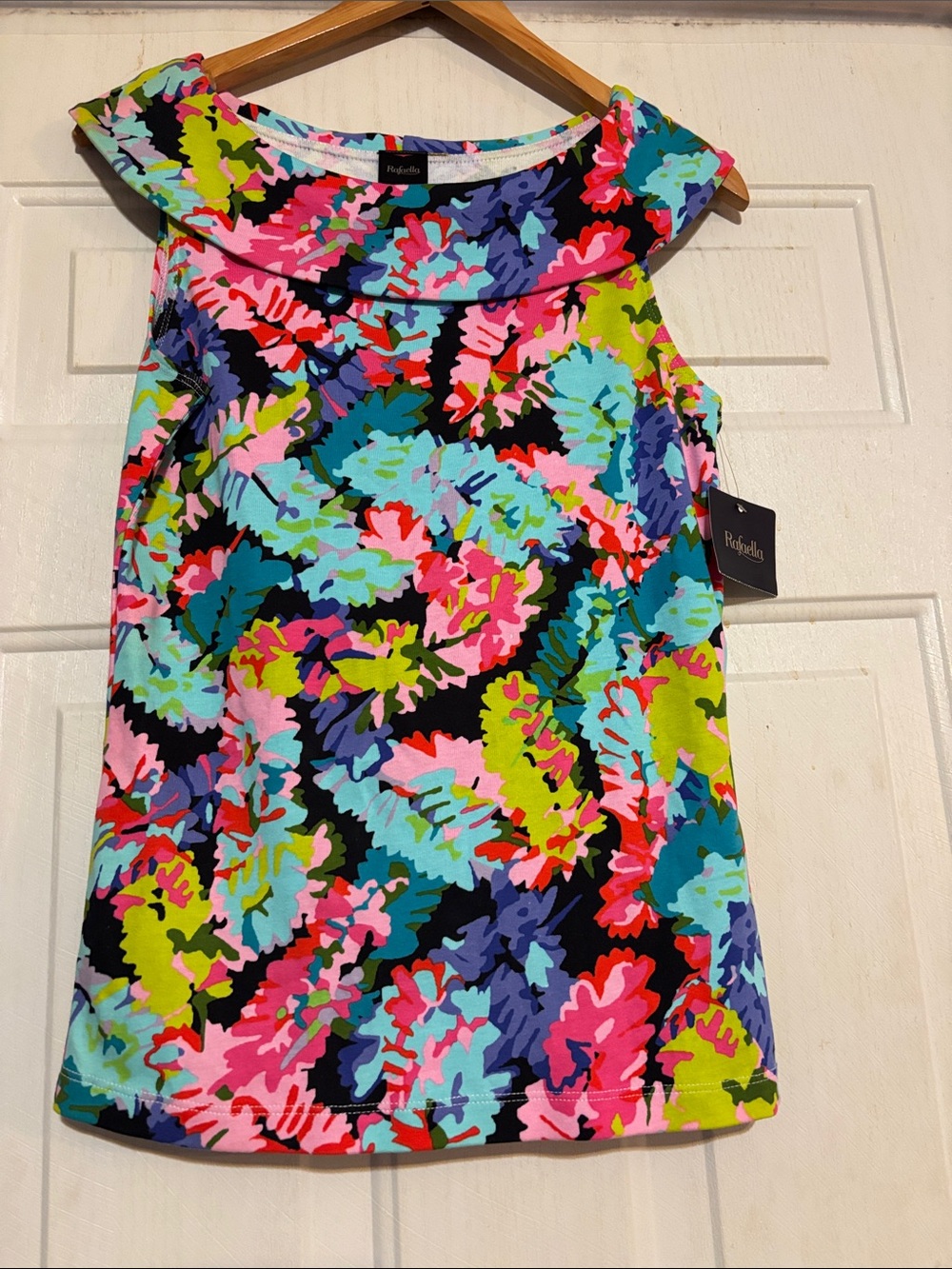 Rafaella Multicolor Floral Shell Top - Black, Pink, Blue, Lime